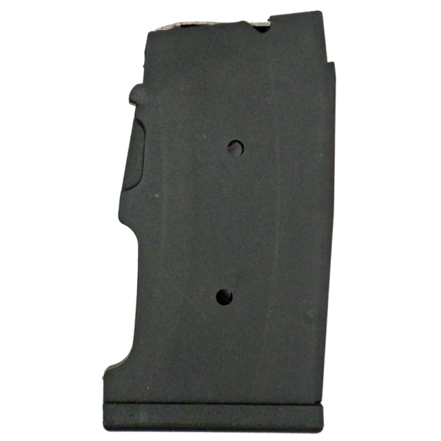 A sleek black rifle magazine, the MAG CZ 457/455/512 22WMR/.17HMR 10 RD POLY, features two visible holes indicating its .22 WMR capacity. The magazine boasts a rectangular shape with subtle contour lines and is displayed against a stark white background.