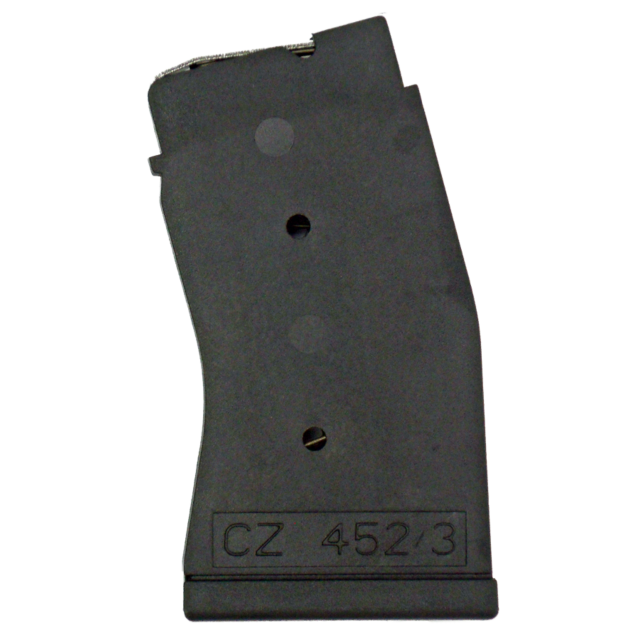 A MAG CZ452/453 22WMR 10RD POLY magazine clip displayed against a white background, showcasing two visible holes and distinct lettering, is perfect for 22WMR rounds.