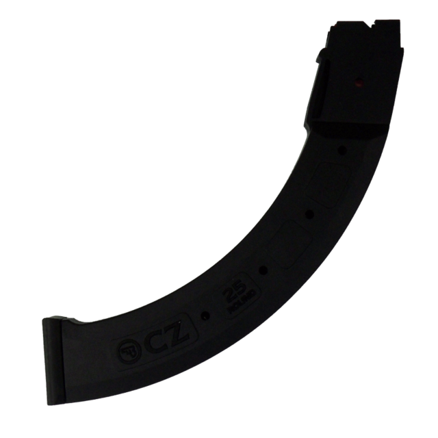 A sleek, curved black magazine clip for a firearm, labeled with "CZ" and ".22LR," crafted from durable polymer. This accessory is designed with precision, embodying the reliability found in models like the CZ 452/53/55/57/512.