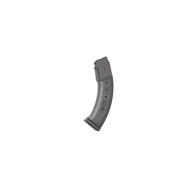 The polymer CZ MAG for a CZ firearm, marked "15 rounds," is black and curved with a flat base for secure handling. Product Name: 12021.