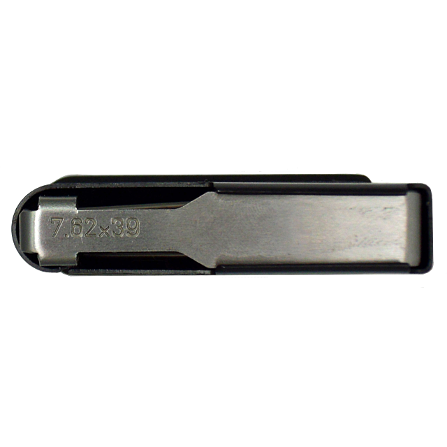 A metal MAG CZ 527 gun magazine, specifically marked with the caliber "7.62x39," is depicted from a top-down view, emphasizing its sturdy construction and capacity for 5 rounds.