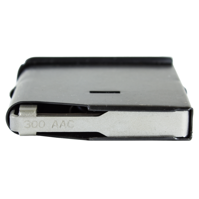 Close-up of a MAG CZ 527 300 BLACKOUT 5 RD metal magazine, compatible with the CZ 527, featuring "300 AAC" engraved on the side. It is positioned horizontally on a white background.