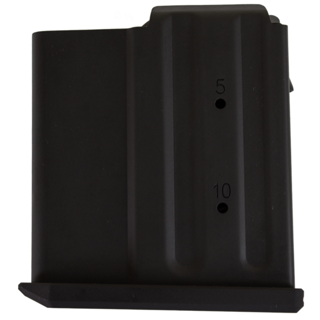 The MAG CZ 557 .243/.308 10 RD is a black ammunition magazine for the CZ 557, compatible with .243/.308 rounds. It features markings indicating bullet capacity at 5 and 10 rounds on the side. The sleek, rectangular design includes smooth edges and visible