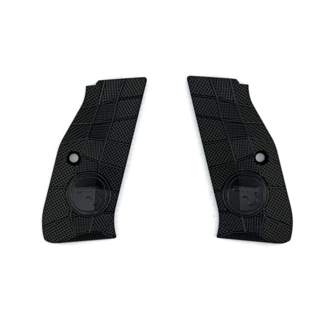 Pair of black aluminum LOK Grips Shadow 2 Palm Swell GridLOK + CZ Logo panels, full length, featuring diamond patterns and circular CZ logos. Each grip has an attachment hole. Panels displayed on a white background.