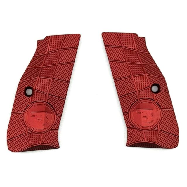 LOK Grips Shadow 2 Palm Swell GridLOK + CZ Logo - Full Length feature two red, textured aluminum grips with a geometric pattern and logo stamp. Each has an attachment hole. Perfect upgrade for CZ Shadow 2, combining style and function. Displayed on white