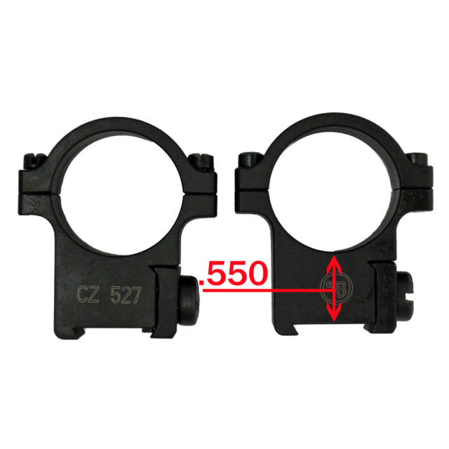 Two black metal rings for CZ 527 rifles are displayed next to each other. The left ring is marked "1\" CZ 527 RINGS, 16MM," with a red arrow and the measurement ".550" highlighting the height from the base to the center of the 1-inch ring.