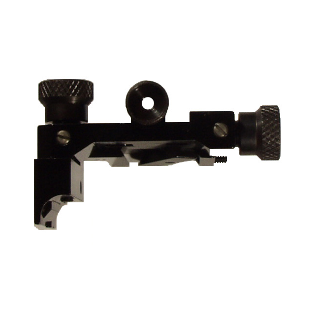 Close-up of the 452/455 ADJ Peep Sight, a black metal mechanical component with two target knobs and a hollow cylindrical section. The design is angular with multiple surfaces and protrusions, though its specific function is not immediately apparent from