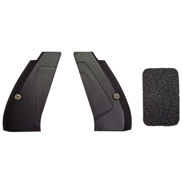 The ALUMINUM GRIPS COMPACT BLACK, featuring a textured surface and two screws, are showcased along with a rectangular piece designed to enhance grip. These items are arranged on a white background.