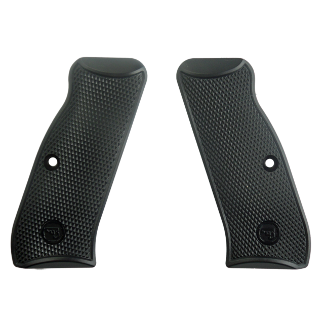 Displayed side by side are two PLASTIC GRIPS CZ 75/85 in a black textured finish with a checkered pattern and rounded edges. Each grip includes a small circular logo near the bottom and features a central hole for attachment, specifically crafted for the