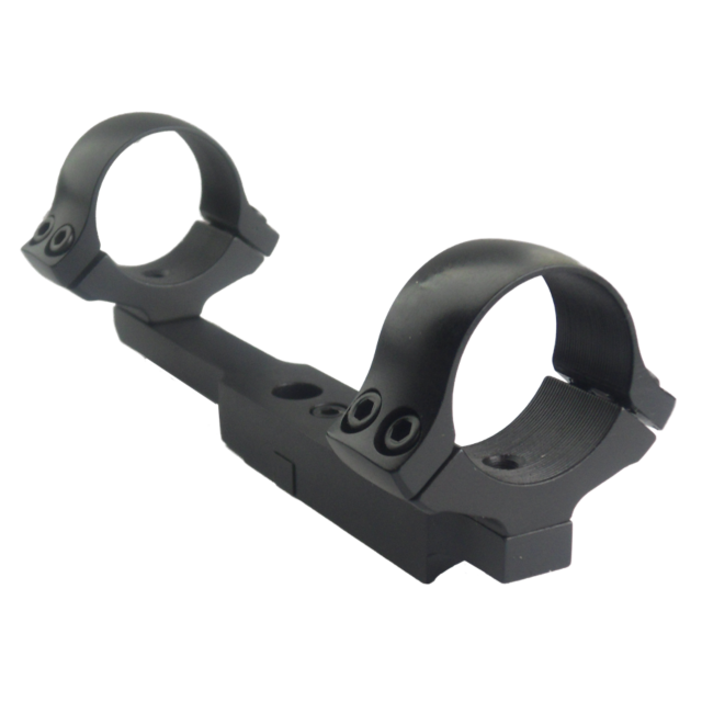 Introducing the sleek 1" SCOPE MOUNT BRNO EFFECT (DRILL/TAP), which boasts dual rings and six screws on a flat base for easy attachment to firearms. Evoking the precision of the BRNO Effect, this mount stands isolated against a white background, ready for