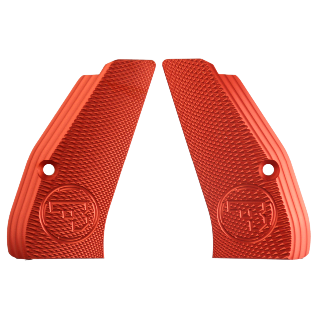 The ALUMINUM GRIPS CHECKERED COMPACT RED CZUB are textured red aluminum grips designed for handguns, each featuring a circular emblem and a screw hole. They have a diamond-shaped pattern to enhance grip, similar to checkered compact designs, and are craft