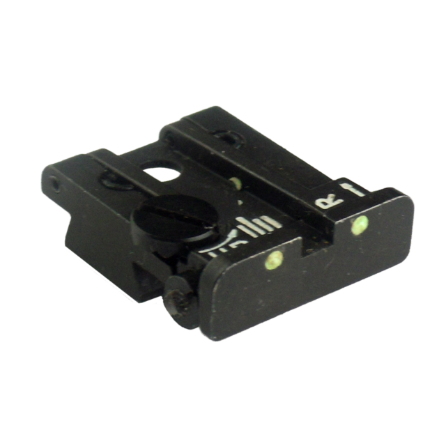 The LPA ADJ REAR SIGHT - KADET/85 COMBAT ONLY is a black mechanical component resembling an LPA rear sight, complete with small notches and two yellowish dots on its surface, isolated on a white background.