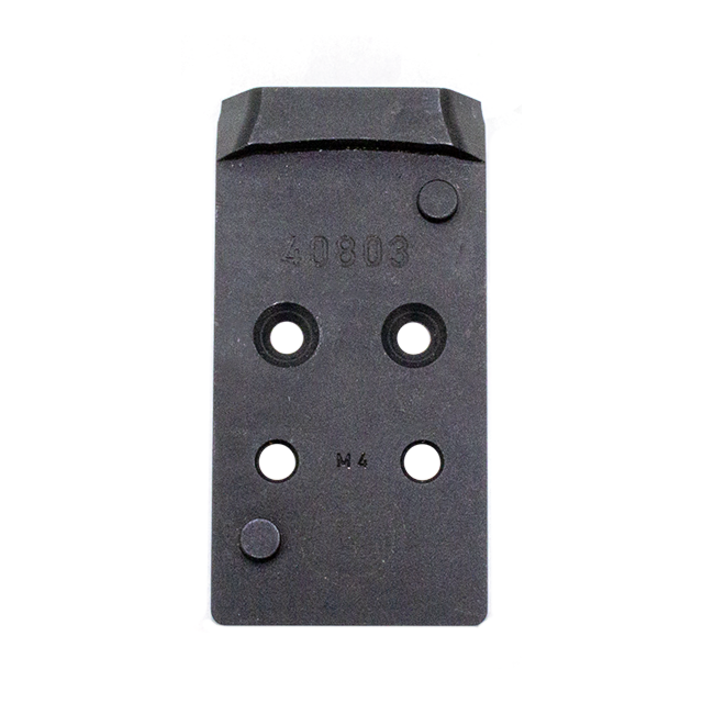This is a black rectangular metal optic plate adapter, CZ USA P-10 OPTIC PLATE ADAPTER 2 DPP SHIELD, featuring four circular holes in a vertical alignment. It includes numbers and letters such as "40803" and "M4," with a textured surface, visible screws,