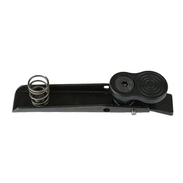 The EXTENDED BOLT RELEASE SEMI AUTO SHOTGUN features a black metal latch mechanism with a coil spring on one end and a circular adjustment knob on the other. This component, commonly used in semi-auto shotguns, includes a sleek rectangular base equipped w