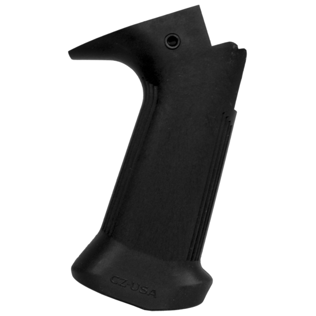 Designed for firearms, the 2016 U.S. MADE SCORPION EVO GRIP is a black polymer vertical foregrip featuring textured sides and a slightly angled ergonomic shape. This product proudly displays the embossed text "CZ-USA" on its base.