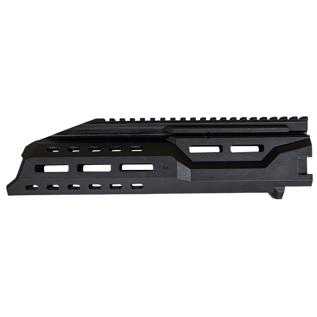 The EVO S1 CARBINE HANDGUARD is a black, angular rifle handguard with multiple rectangular cutouts and a top rail for mounting accessories.