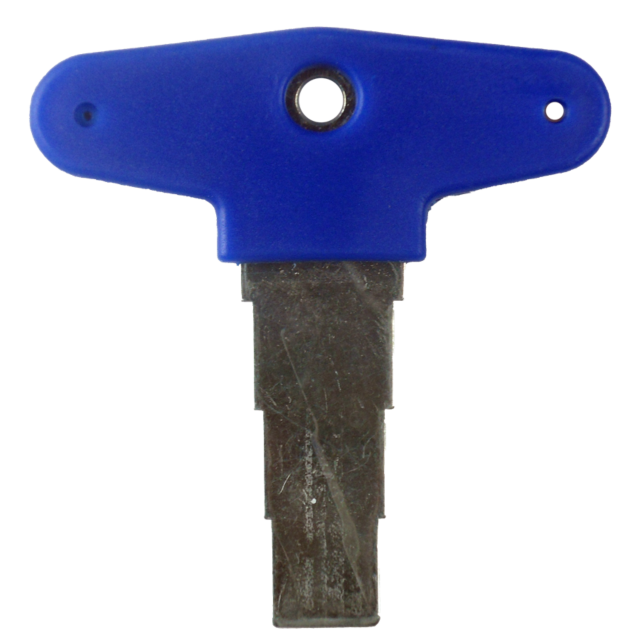A universal radiator key with a triangular design and blue color, featuring a metal tip similar to the UNIVERSAL CHOKE TUBE WRENCH, is used for bleeding radiators to release trapped air.