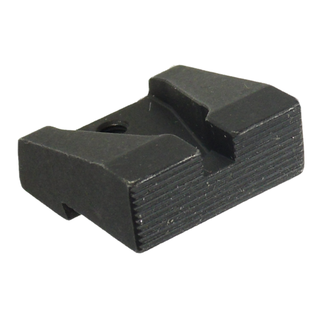 The TACTICAL REAR SIGHT BLACK is a textured, rectangular metal sight commonly used on firearms to enhance precise aiming. It comes with a central slot and includes two angular protrusions on each side for optimal alignment against plain white backgrounds.