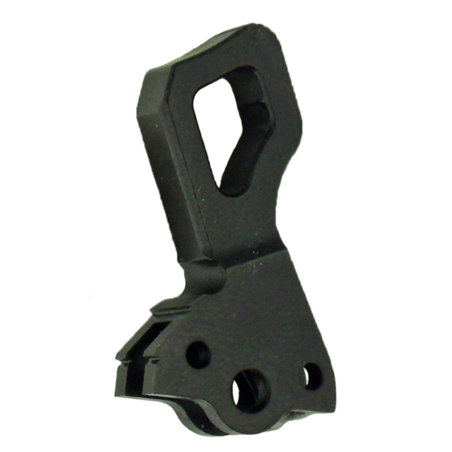 A black metal mechanical component, the COMPETITION HAMMER SA/DA, showcases a geometric design with holes and a cutout section, reflecting the precision typically seen in machinery or devices.