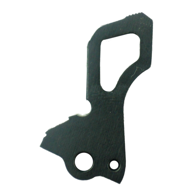 Introducing the COMPETITION HAMMER SA ONLY, a versatile black metal tool designed with a rectangular cutout and jagged edges. It features two circular holes at the bottom and showcases a brushed texture on its surface, making it ideal for diverse applicat