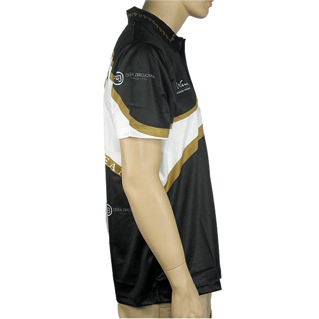 A mannequin displays the CZ-USA Shooting Team Shirt in men's XX large, featuring a striking black and white design with gold diagonal stripes, adorned with multiple logos and text. The shirt is showcased with its left side facing the viewer to emphasize i