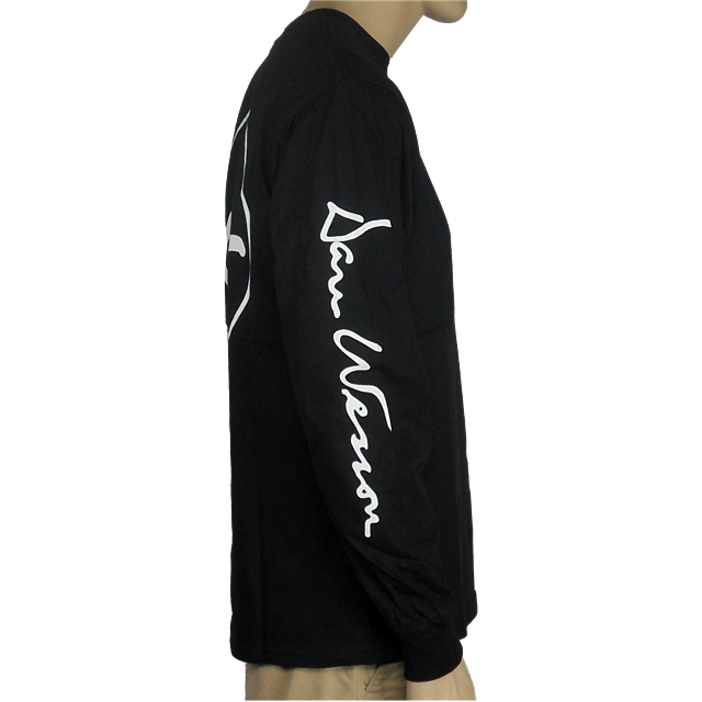 A person wearing a black long-sleeve T-shirt with the "DW" logo stylishly emblazoned in white down the sleeve.