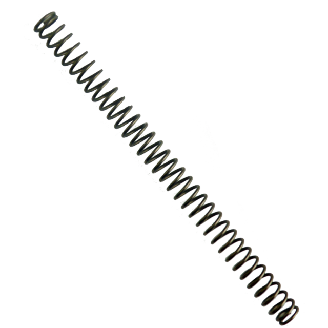 A detailed view of the 16LB RECOIL SPRING 75/85 FULL SIZE is shown diagonally against a white background. One end of the full-size spring is compressed, gradually expanding towards the other, highlighting its flexibility and tension.