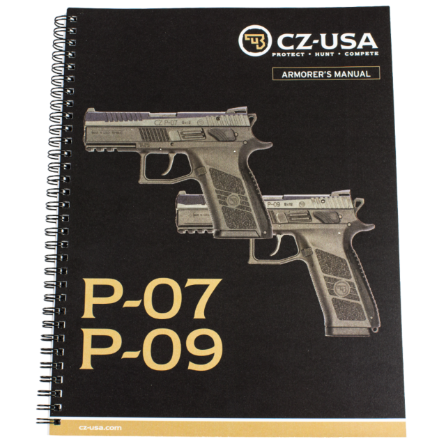 The cover of the spiral-bound CZ P-07/P-09 Armorer's Manual showcases illustrations of the CZ P-07 and CZ P-09 pistols set against a black background, with the company tagline "Protect, Hunt, Compete" prominently featured at the top.