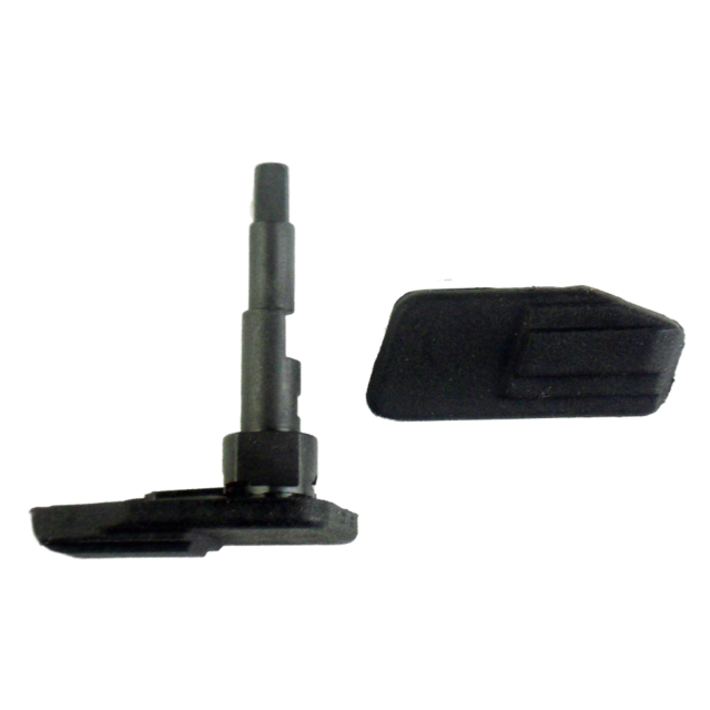 Close-up of a black folding plastic fob with two distinct components, designed similarly to the CZ P-07/P-09 Safety Set. One section is a small, elongated rectangle with a textured surface, while the other boasts a protruding cylindrical segment.