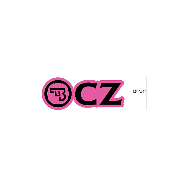 The CZ LOGO 4" DIE CUT STICKER PINK showcases the letters "CZ" in black outlined in pink, accompanied by a circular emblem on the left that resembles a stylized firearm. The dimensions are specified as "1.54” x 4”" on the right.