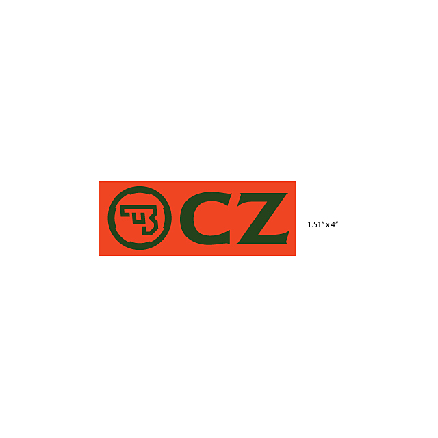 Logo featuring a stylized gun graphic inside a circle beside the bold, green letters "CZ" set against an orange backdrop. Dimensions are specified as 1.51 inches by 4 inches. Product name: CZ LOGO 4" RECTANGLE STICKER ORANGE.