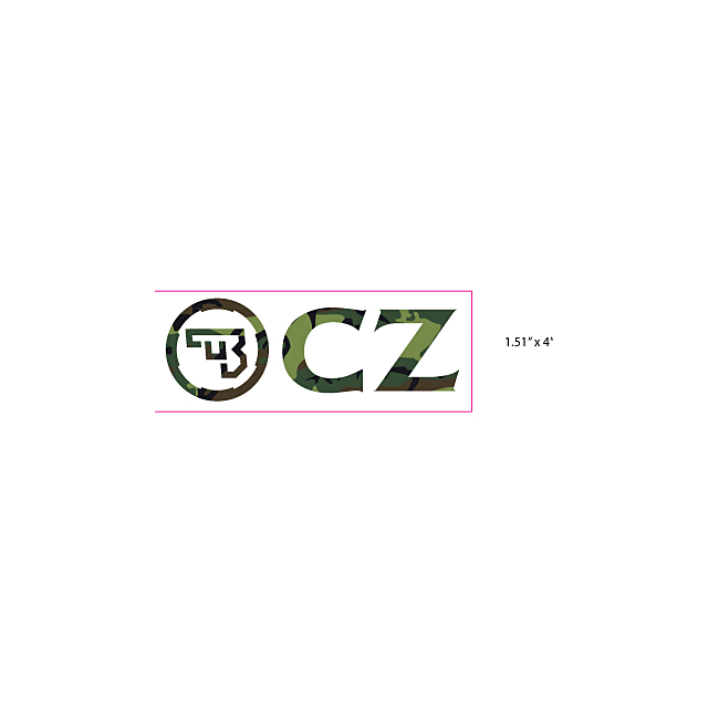 The image displays the CZ Logo 4" Rectangle Sticker in a camo pattern, featuring the letters "CZ" and a stylized "B" inside a circle.