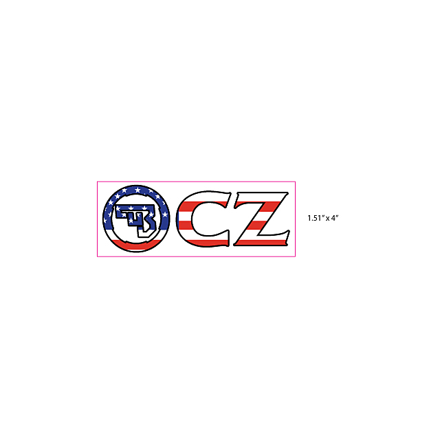 Logo depicting a circular emblem with a stylized "T" and "B" inside, surrounded by stars on a blue background, is featured next to the letters "CZ" in bold red, white, and blue stripes. The dimensions are marked as 1.51" x 4". Product name: CZ LOGO 4" REC