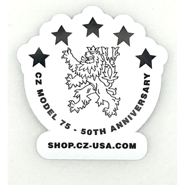 The 3-inch CZ 75 50th Anniversary Sticker showcases a stylized lion with four stars above, surrounded by "CZ Model 75 - 50th Anniversary" text, and "SHOP.CZ-USA.COM" at the bottom on a white background.
