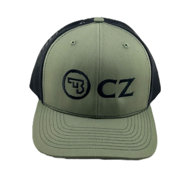 The CZ LODEN/BLACK 112 LOGO CAP features a solid green front panel with a circular CZ logo and black “CZ” lettering, complemented by a contrasting black mesh back for style and comfort.