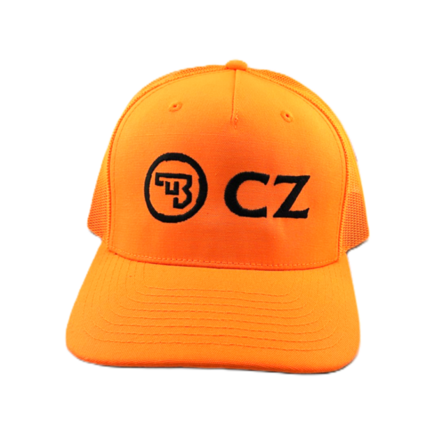 The CZ BLAZE ORANGE HUNTING CAP features a vibrant blaze orange color with a breathable mesh back, highlighted by a bold black “CZ” logo and a stylized “B” emblem on the front—perfect for hunters seeking both style and high visibility in the field.