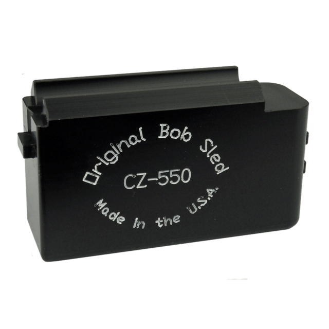 Black metal magazine featuring the text "Original BOB SLED 550 .308 Made in the U.S.A." engraved in white on its side.