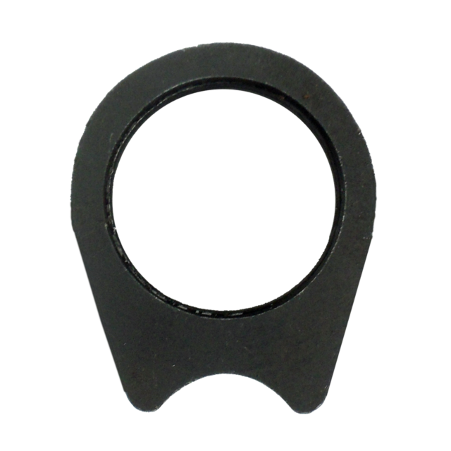 A black metal ring made from carbon steel designed for securing components of an AR-15-style rifle. Similar to a barrel bushing, it features a flat side and lock nut-style cutout, with a rounded top and notched bottom. The surface is matte with a slightly