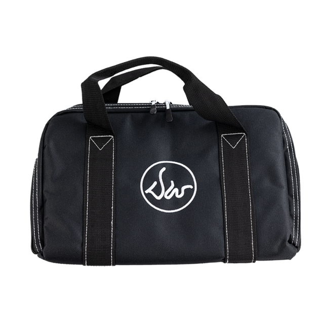 The DAN WESSON PISTOL POUCH is a black duffel bag featuring white stitching and a zipper closure, ideal for carrying your essentials. It includes two securely fastened black handles and proudly showcases a circular logo with a stylized white design on the
