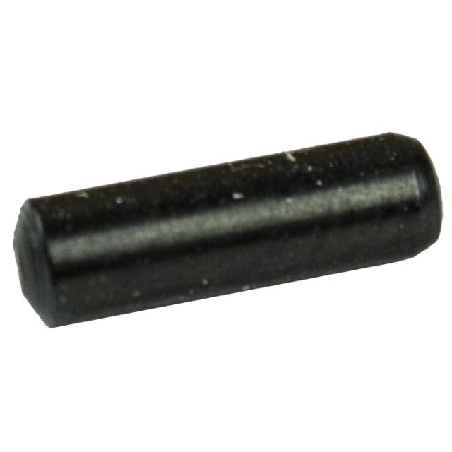 A close-up of the TRIGGER BAR PIN P-10, a small, cylindrical black pin with rounded edges. The surface appears slightly worn with tiny specks.