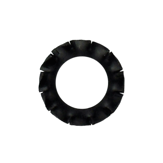 The 512 FAN SHAPED WASHER, a black circular object made from plastic and resembling a fan shape, displays a series of evenly spaced notches around its outer edge, artfully placed against a plain white background.