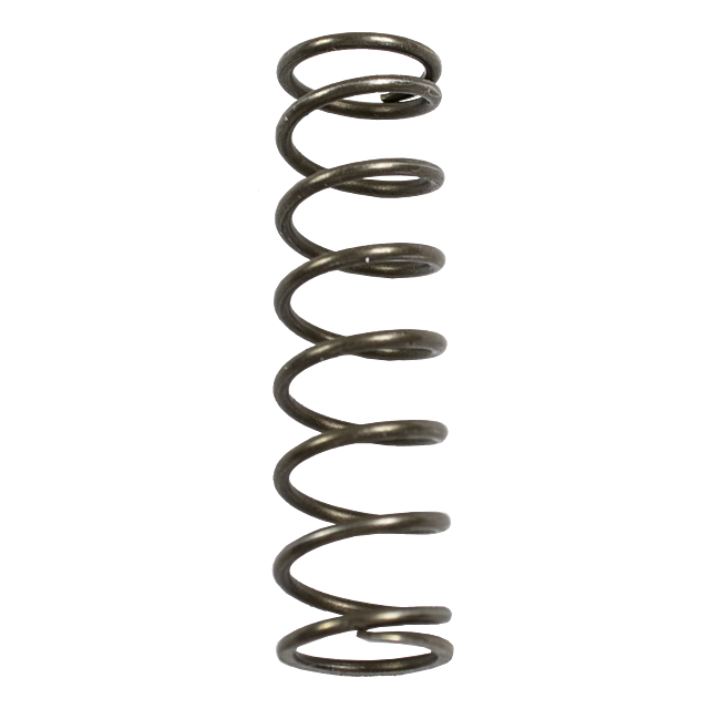 A close-up of the RECOIL SPRING OUTER RAMI highlights its helix shape and evenly spaced coils. Standing vertically against a white background, the spring's precision and metallic elegance are prominently showcased.