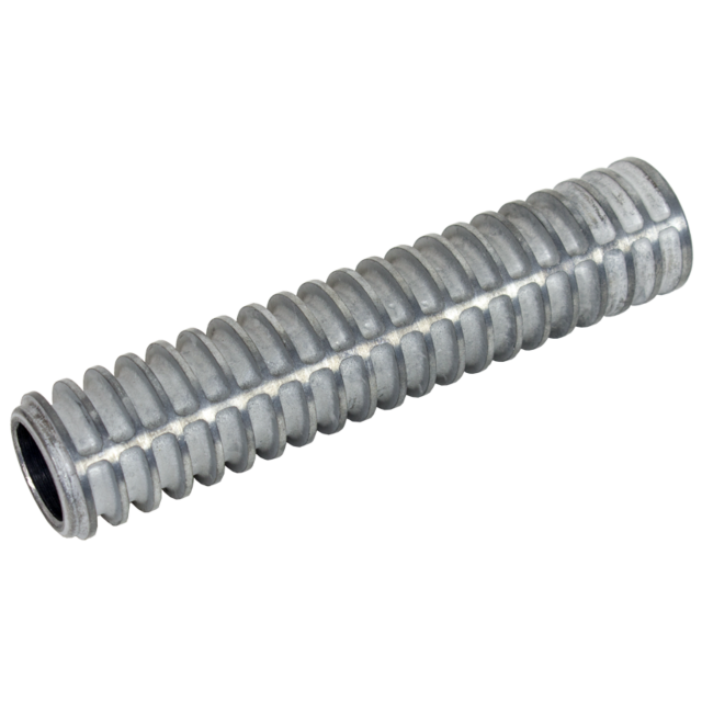 A COOLER EVO AUTOMATIC with a metallic, flexible, ribbed texture is displayed against a plain background. This cylindrical product is slightly curved and designed specifically for protecting electrical wiring.