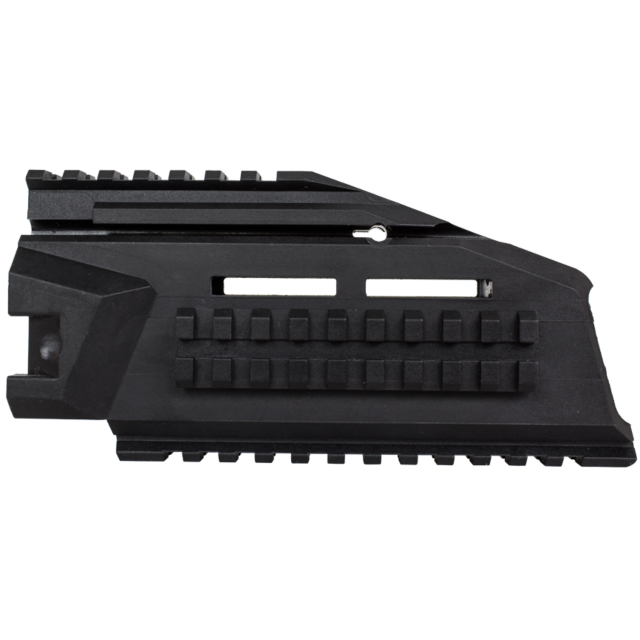 The HANDGUARD PISTOL EVO BLACK is a black plastic rail accessory for pistols, featuring multiple slots and ridges for mounting add-ons. Its slightly angular design includes openings that allow it to align seamlessly with other components.