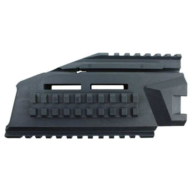 Close-up of the HANDGUARD PISTOL EVO GREY, a tactical accessory made from black plastic with Picatinny rails for various attachments. It includes multiple grooves and slots for mounting accessories and showcases a rugged, angular design similar to the sle