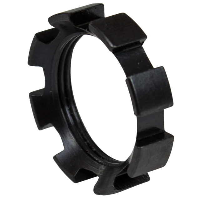 The SHORT THREAD PROTECTOR 18X1 EVO is a black, six-sided bicycle cassette lockring tool designed with notched edges for enhanced gripping, making it perfect for maintenance or repair. Its angled construction showcases its cylindrical shape and grooves, g