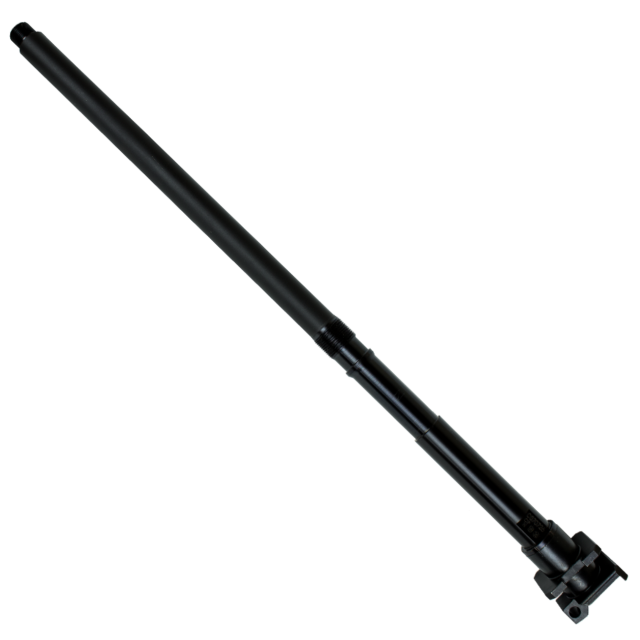 A CARBINE BARREL 16.2" EVO, featuring a black cylindrical design with a chamber and gas port, is positioned diagonally on a pristine white background.