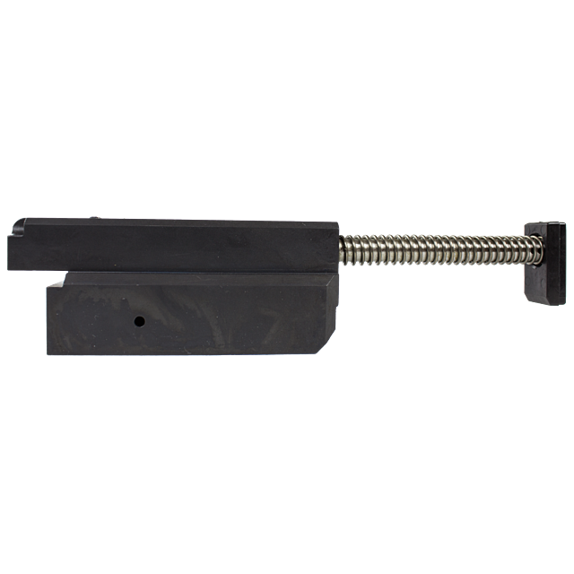 The SLIDE EVO is a precision-engineered machine component made of black metal, featuring a rectangular base and a horizontally extending threaded rod. This linear actuator or similar mechanical part is crucial for use in sophisticated equipment and machin