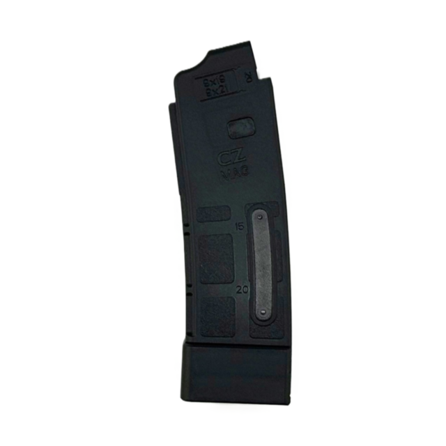 A FACTORY MAG CZ 9MM 20RD SCORP 3P magazine with a black finish, “CZ MAG” label, numbering for 20-round capacity, and textured grip panels, displayed against a plain white background.