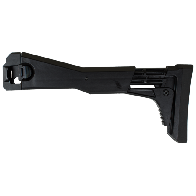 The EVO STOCK COMPLETE is an adjustable black rifle stock featuring a textured butt plate and locking mechanism, shown in side profile on a transparent background.